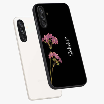 Riching Lavender Flower Custom Name Glass Case displayed in angled mockup highlighting delicate lavender flower design with custom name feature.