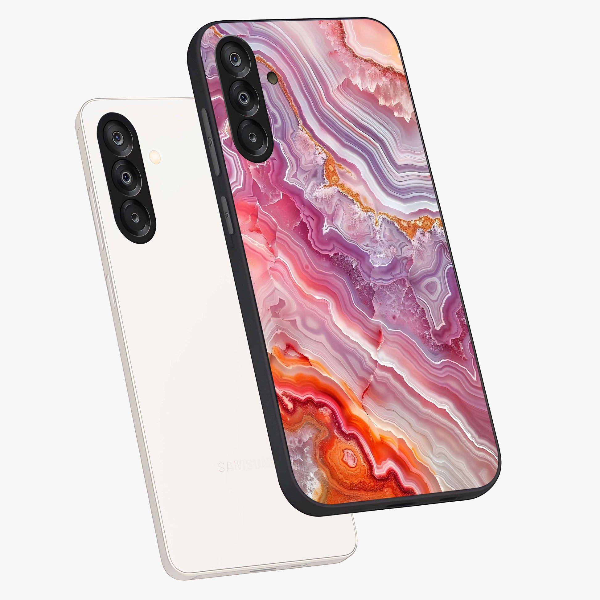 Rose Quartz Marble Glass Case displayed in angled mockup highlighting elegant marble pattern with soft aesthetic style.