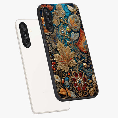 Royal Jewel Garden Glass Case displayed in angled mockup highlighting vibrant jewel inspired floral design with elegant aesthetic.