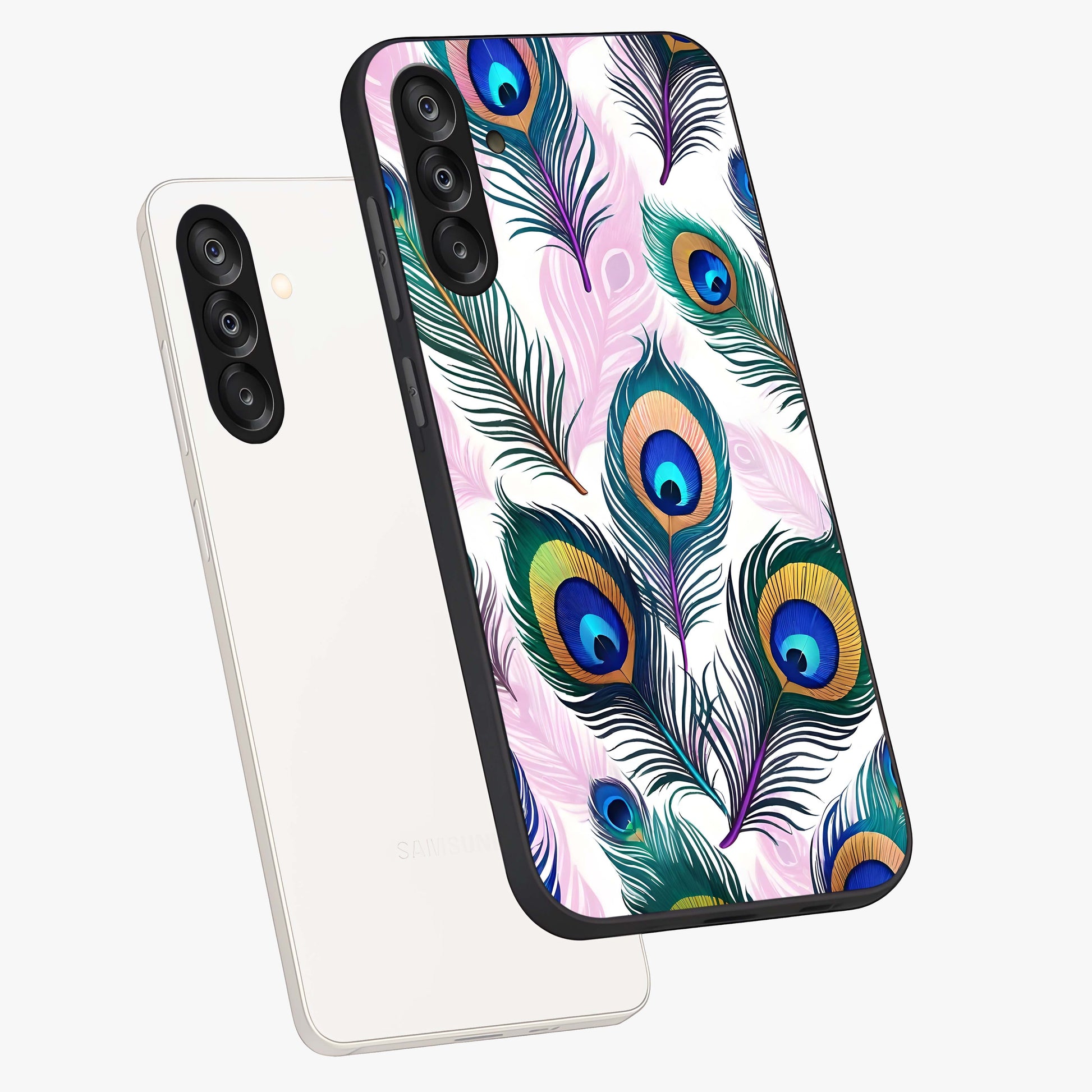 Royal Peacock Feathers Glass Case displayed in angled mockup highlighting vibrant feather pattern with regal aesthetic style.