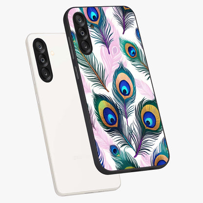 Royal Peacock Feathers Glass Case displayed in angled mockup highlighting vibrant feather pattern with regal aesthetic style.
