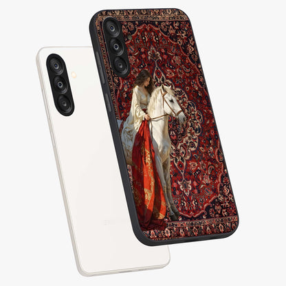 Royal Rider Tapestry Glass Case displayed in angled mockup highlighting traditional tapestry design with royal heritage aesthetic.