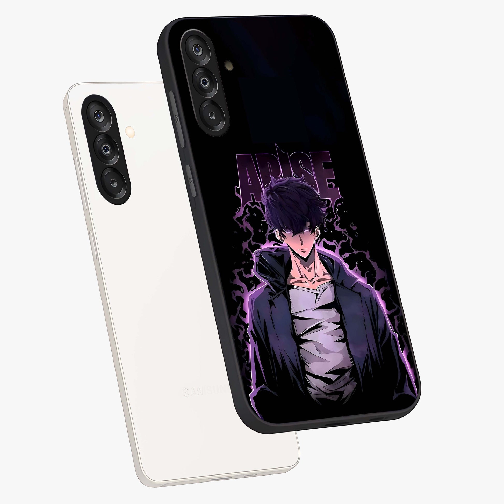 Shadow Monarch Awakening Glass Case displayed in angled mockup highlighting dramatic shadow warrior design with fantasy aesthetic.
