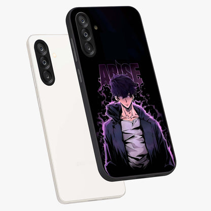 Shadow Monarch Awakening Glass Case displayed in angled mockup highlighting dramatic shadow warrior design with fantasy aesthetic.