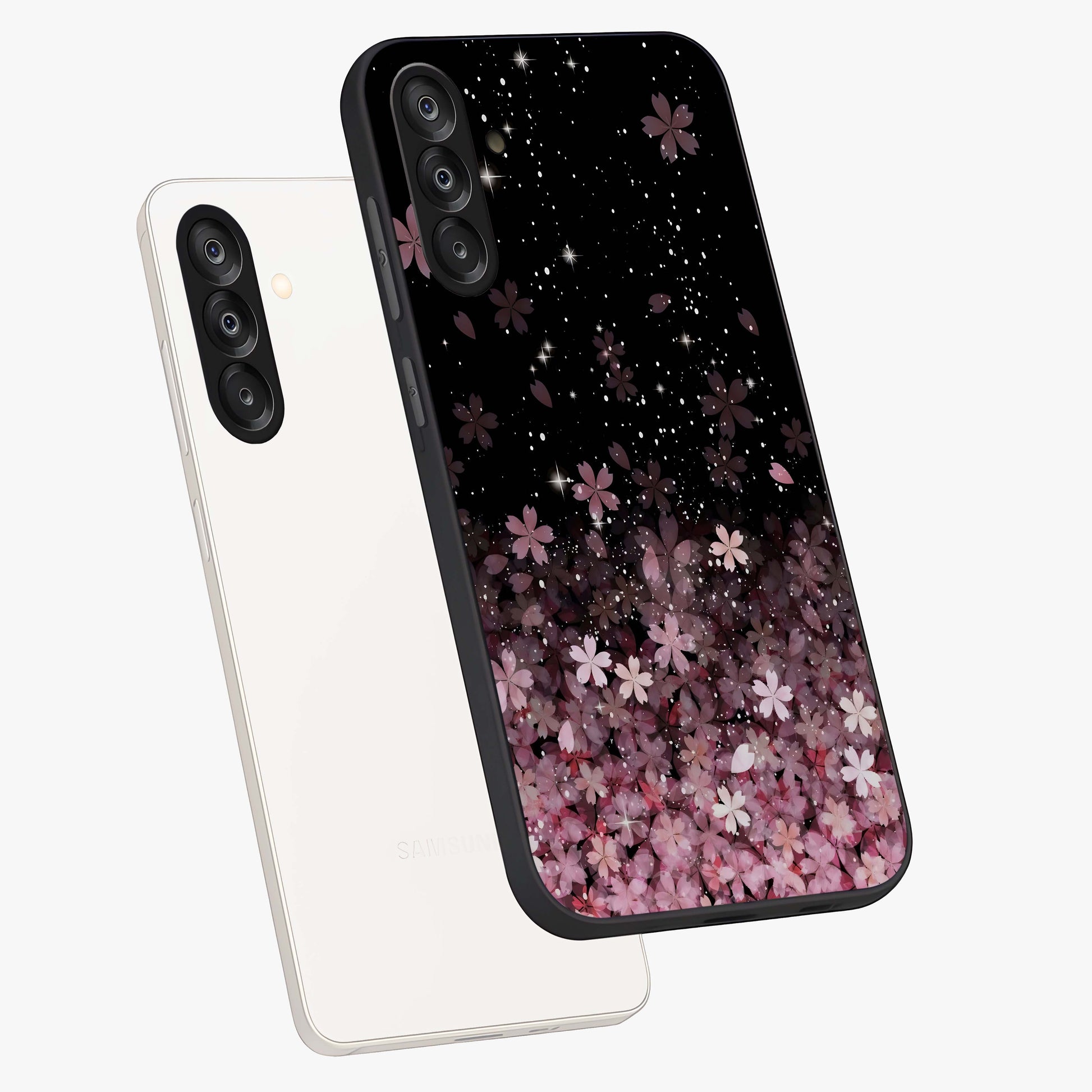 Small Starry Flowers Glass Case displayed in angled mockup highlighting tiny flower pattern with celestial aesthetic style.
