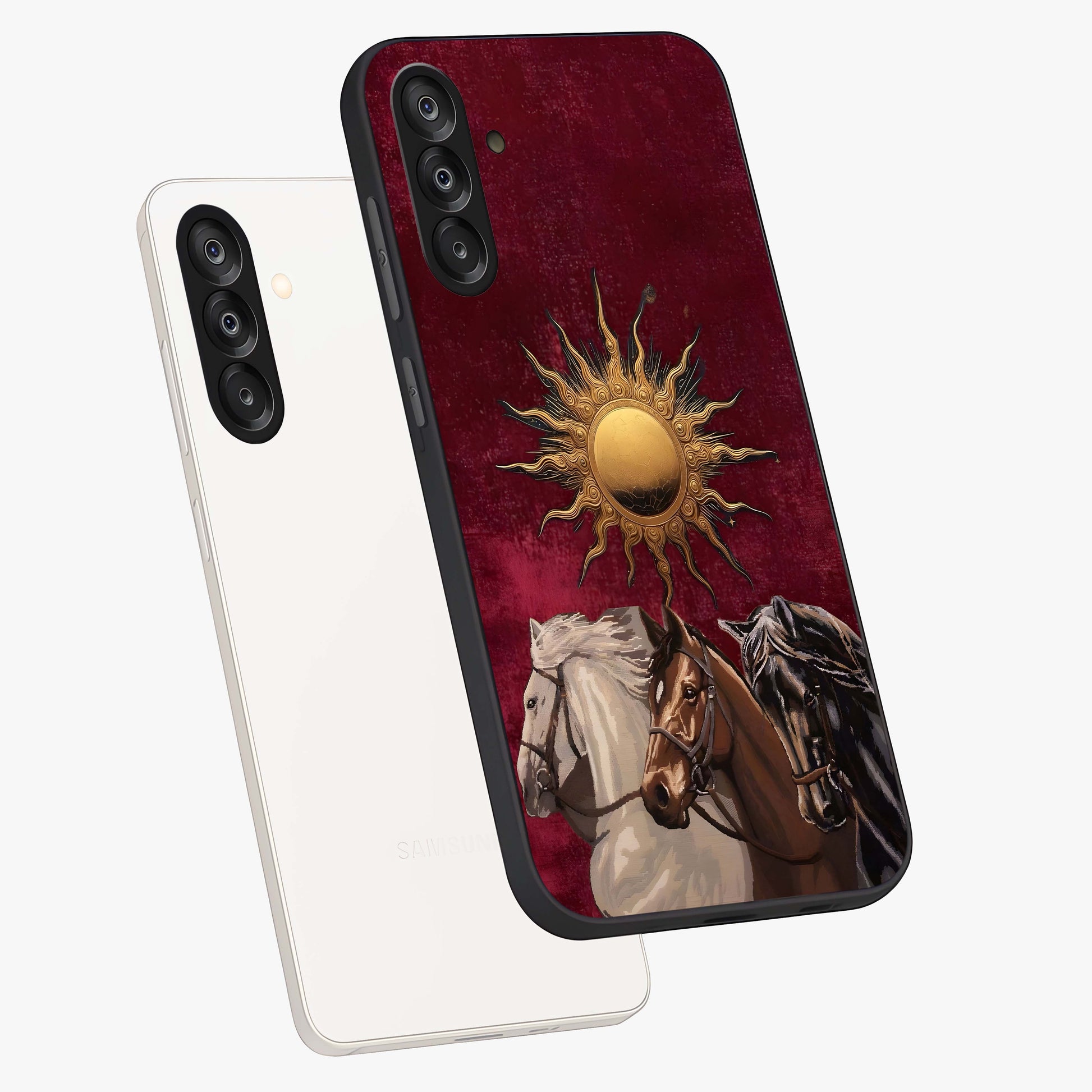 Solar Riders Glass Case displayed in angled mockup highlighting powerful rider illustration with radiant solar aesthetic.