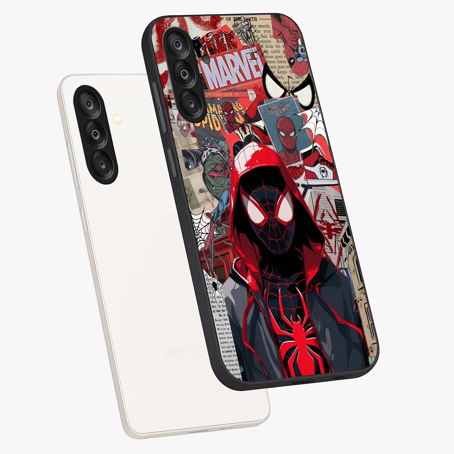 Spider Collage Street Glass Case displayed in angled mockup highlighting dynamic street style collage design with comic aesthetic.