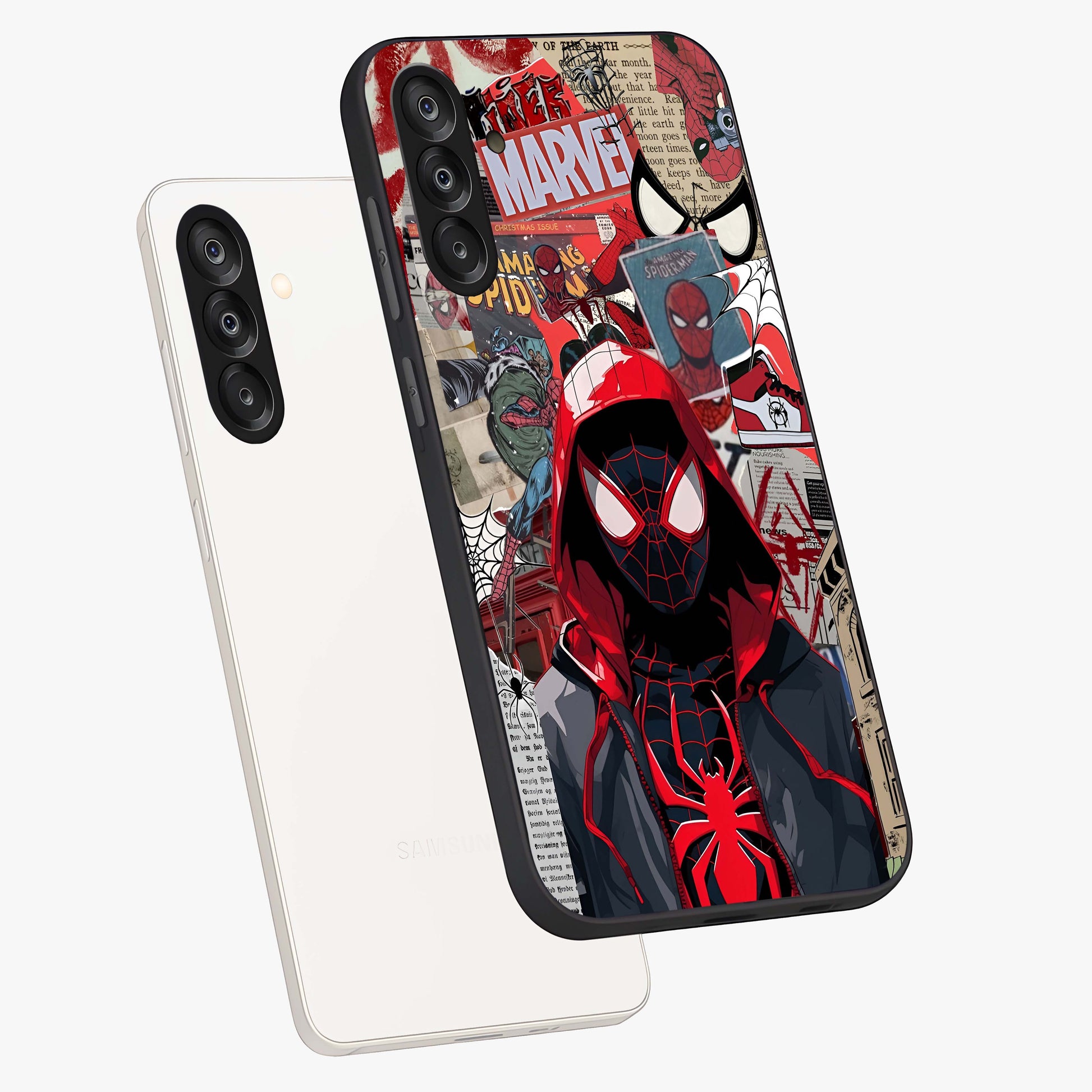 Spider Collage Street Glass Case displayed in angled mockup highlighting dynamic street style collage design with comic aesthetic.