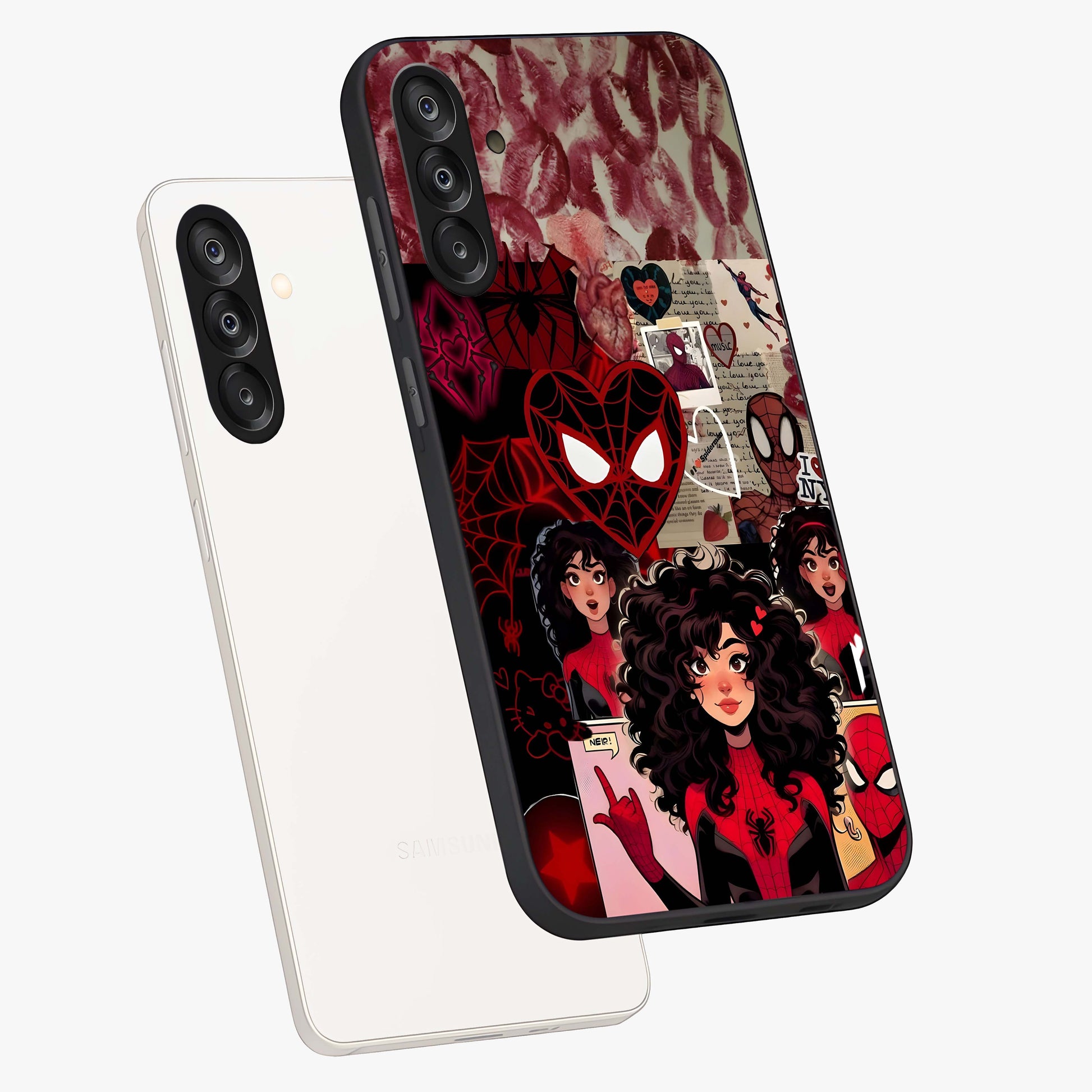 Spider Love Story Glass Case displayed in angled mockup highlighting expressive comic inspired design with playful aesthetic.