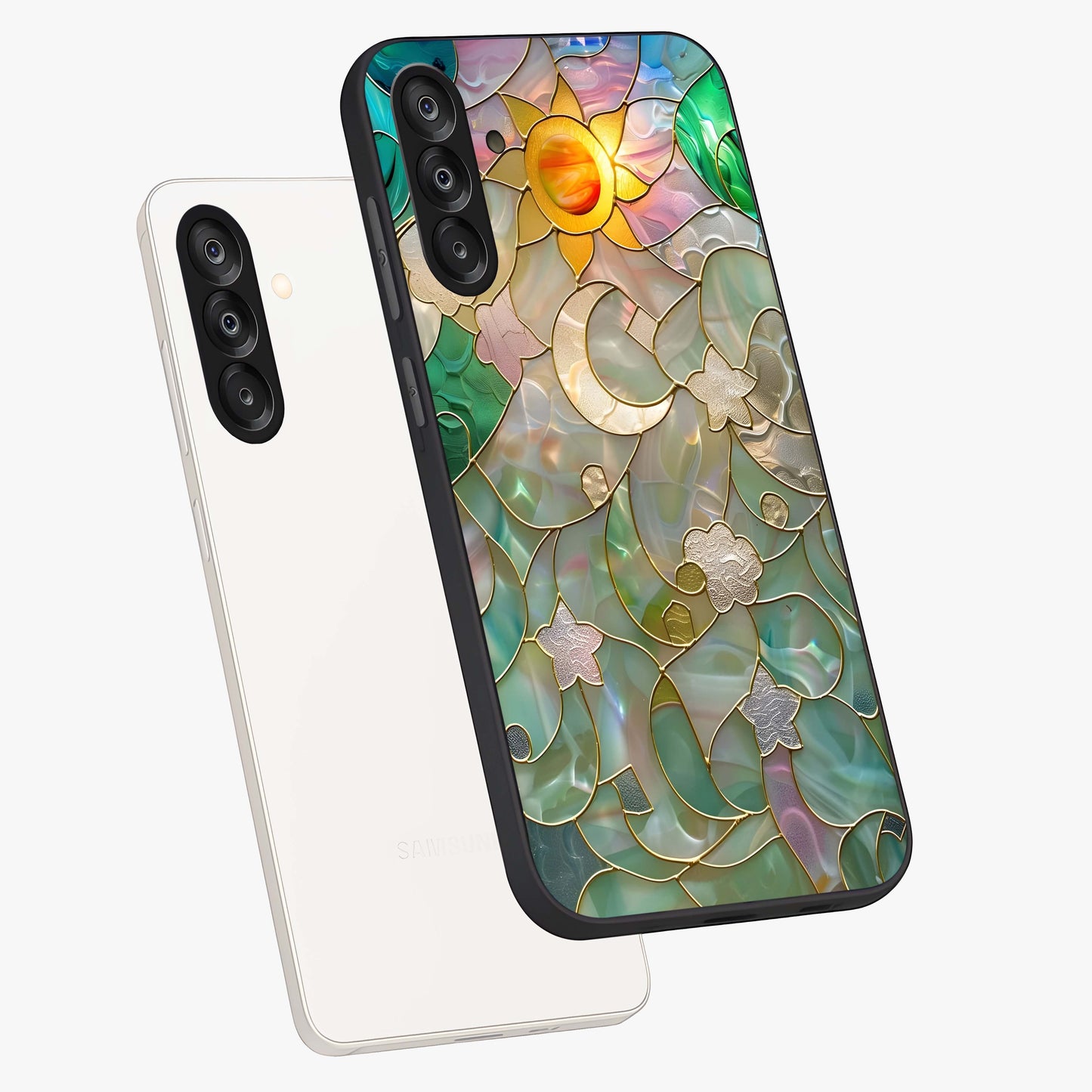 Stained Sunrise Glow Glass Case displayed in angled mockup highlighting radiant sunrise design with artistic aesthetic style.
