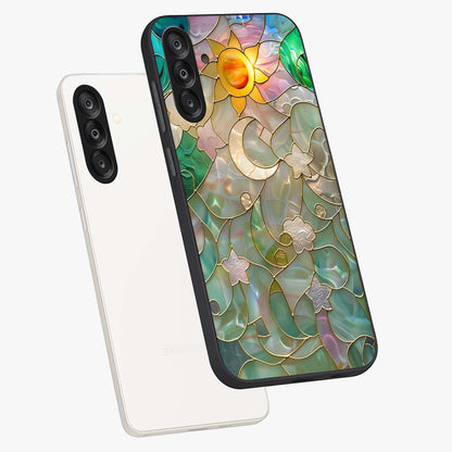 Stained Sunrise Glow Glass Case displayed in angled mockup highlighting radiant sunrise design with artistic aesthetic style.
