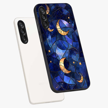 Starlit Sky Tapestry Glass Case displayed in angled mockup highlighting celestial night pattern with artistic aesthetic style.