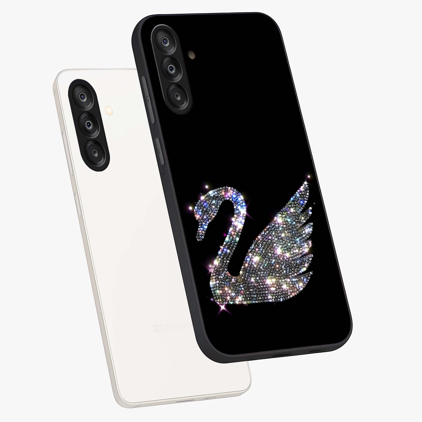Starlit Swan Grace Glass Case displayed in angled mockup highlighting elegant swan illustration with dreamy celestial aesthetic.