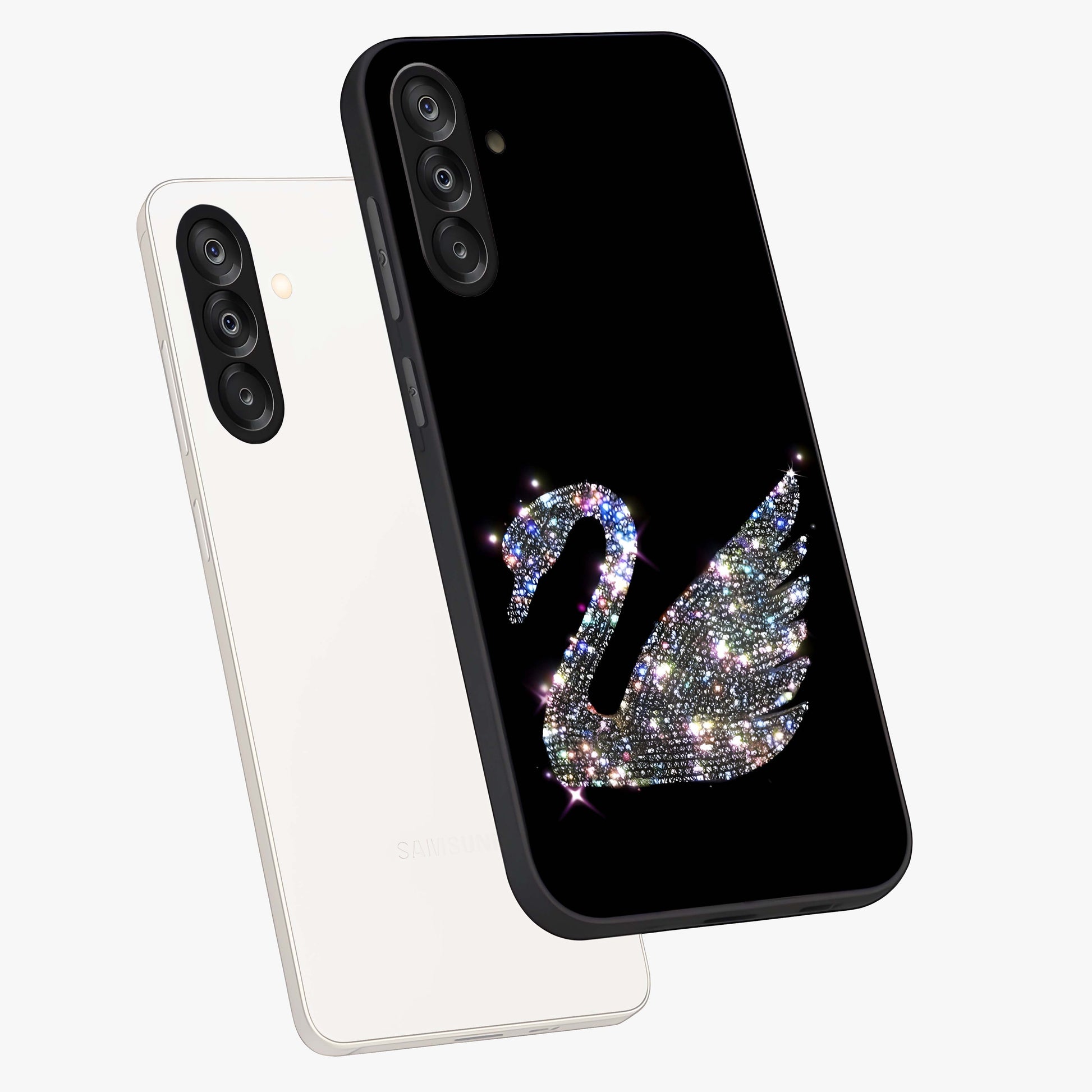 Starlit Swan Grace Glass Case displayed in angled mockup highlighting elegant swan illustration with dreamy celestial aesthetic.
