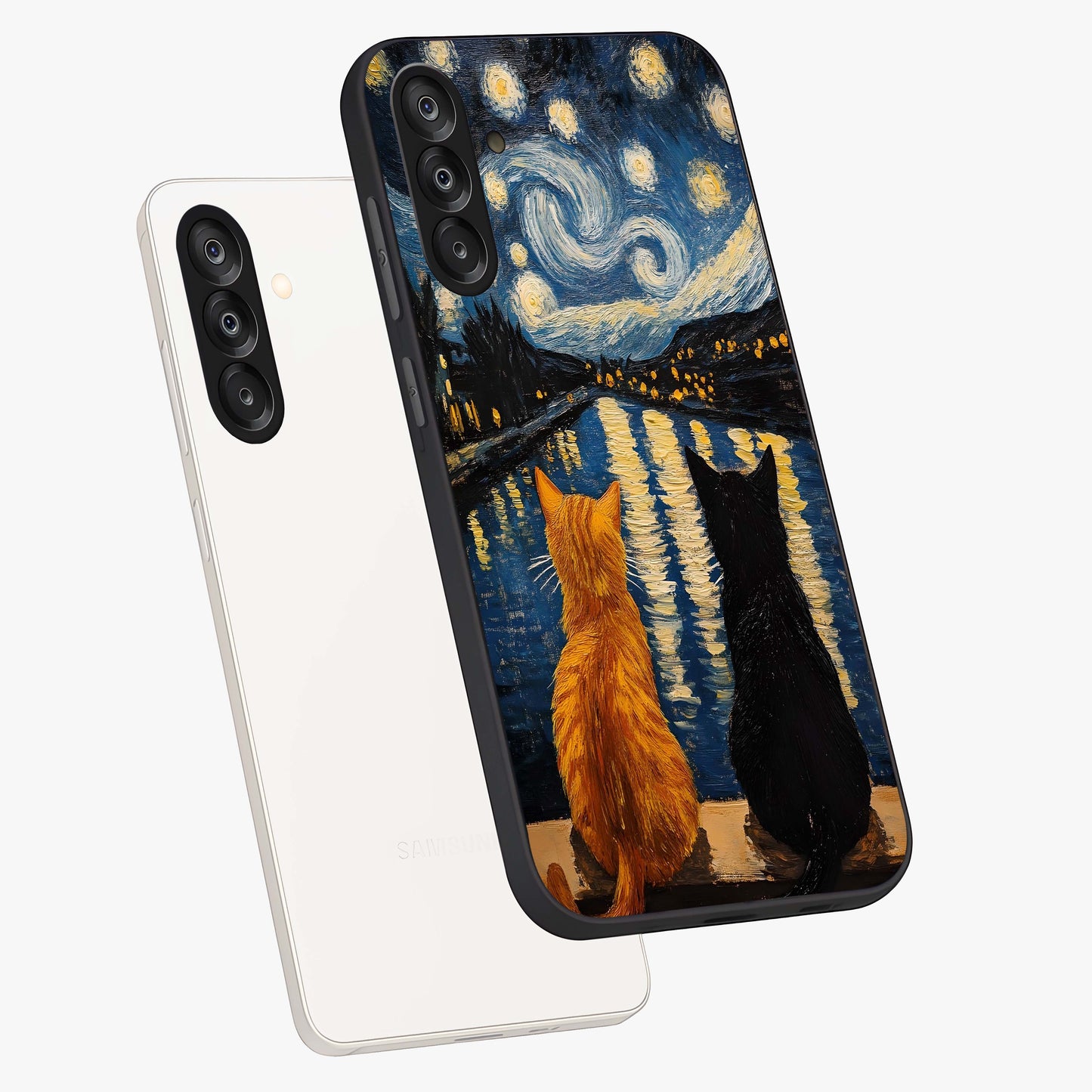 Starry River Cats Glass Case displayed in angled mockup highlighting charming feline illustration with dreamy night aesthetic.