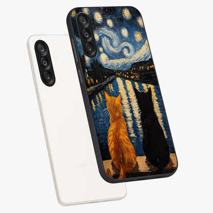 Starry River Cats Glass Case displayed in angled mockup highlighting charming feline illustration with dreamy night aesthetic.