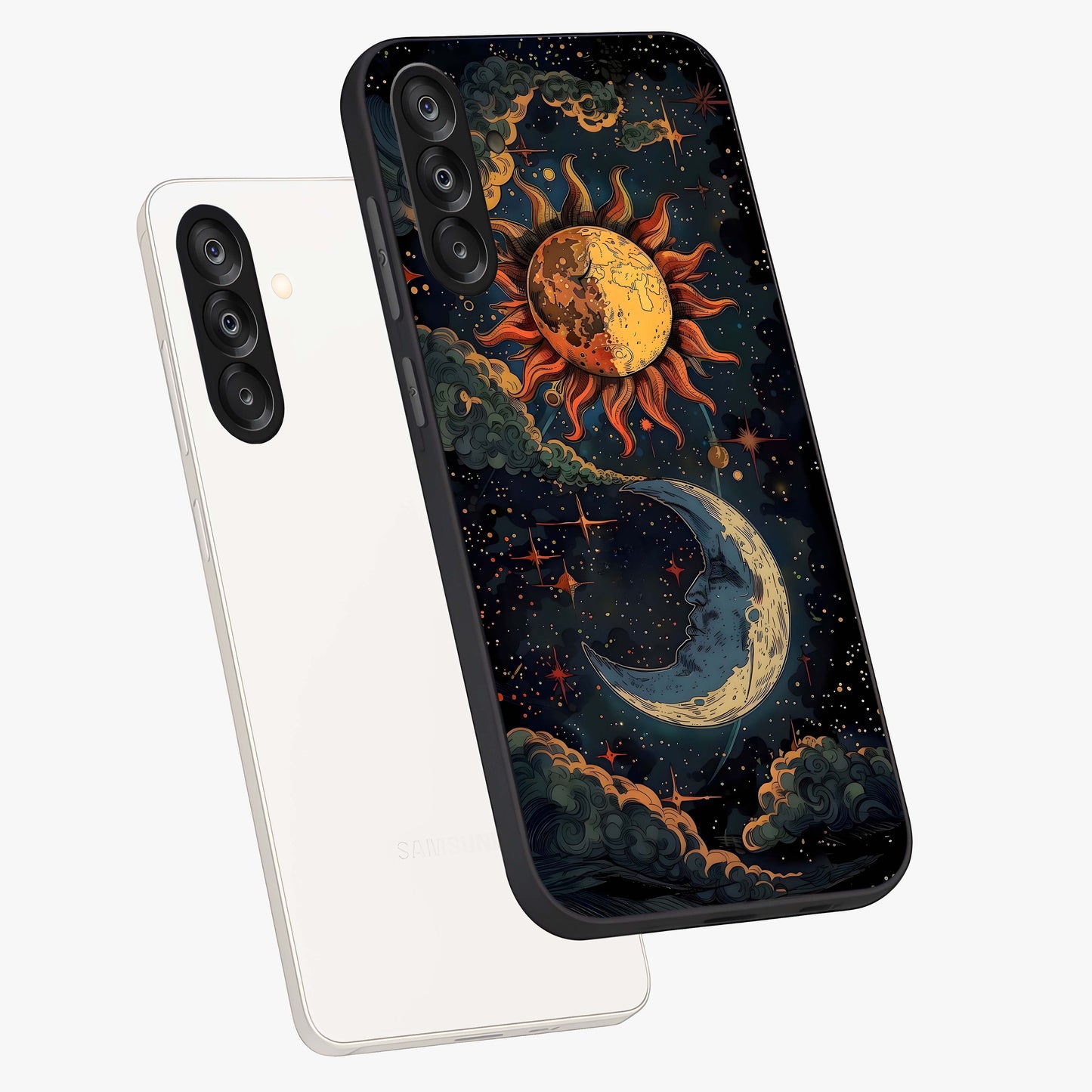 Sun And Moon Magic Design Glass Case displayed in angled mockup highlighting celestial design with magical cosmic aesthetic.