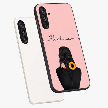 Sunflower Braid Beauty With Custom Name Glass Case displayed in angled mockup highlighting elegant sunflower design with custom name feature.