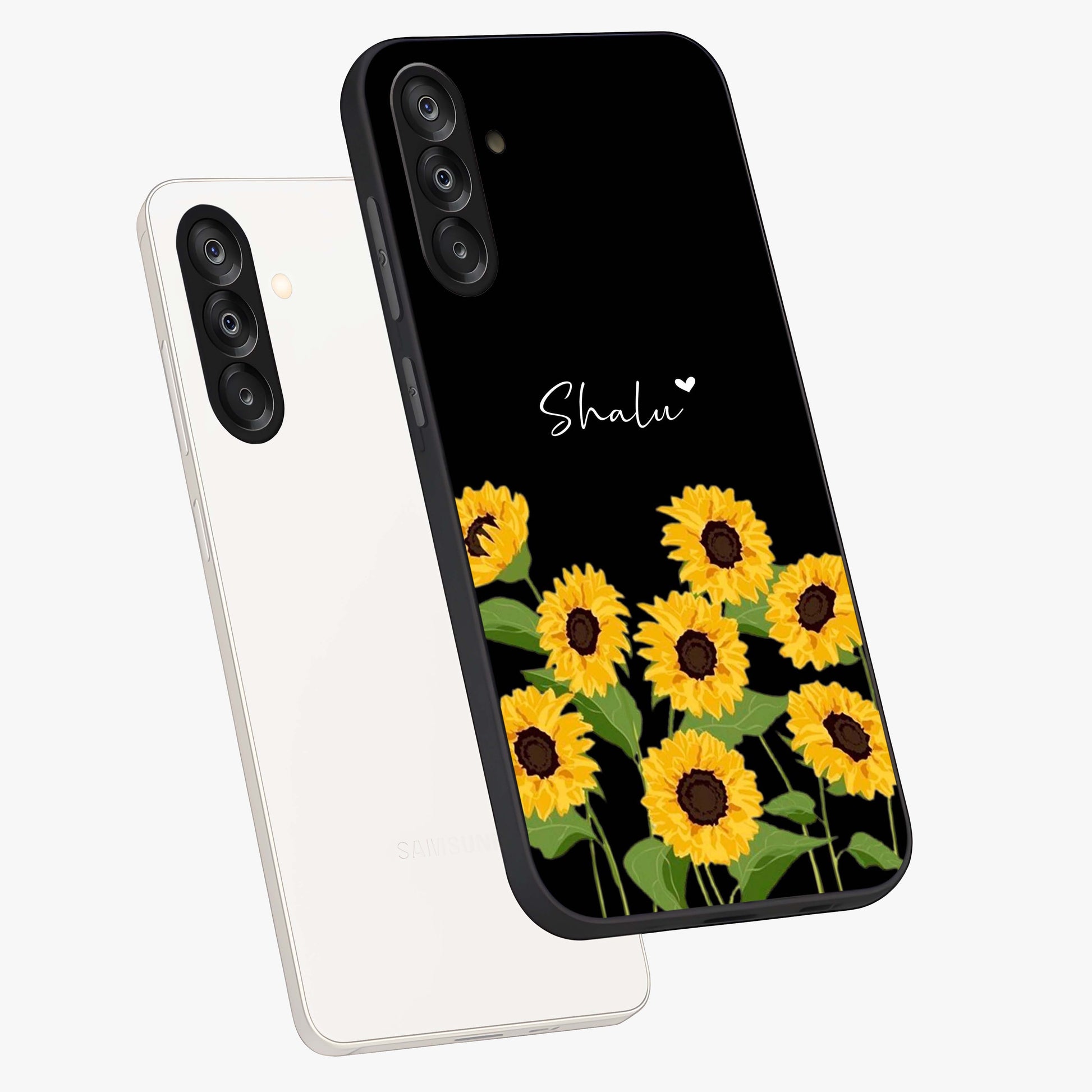 Sunflower Chic Mood Custom Name Glass Case displayed in angled mockup highlighting vibrant sunflower design with custom name feature.