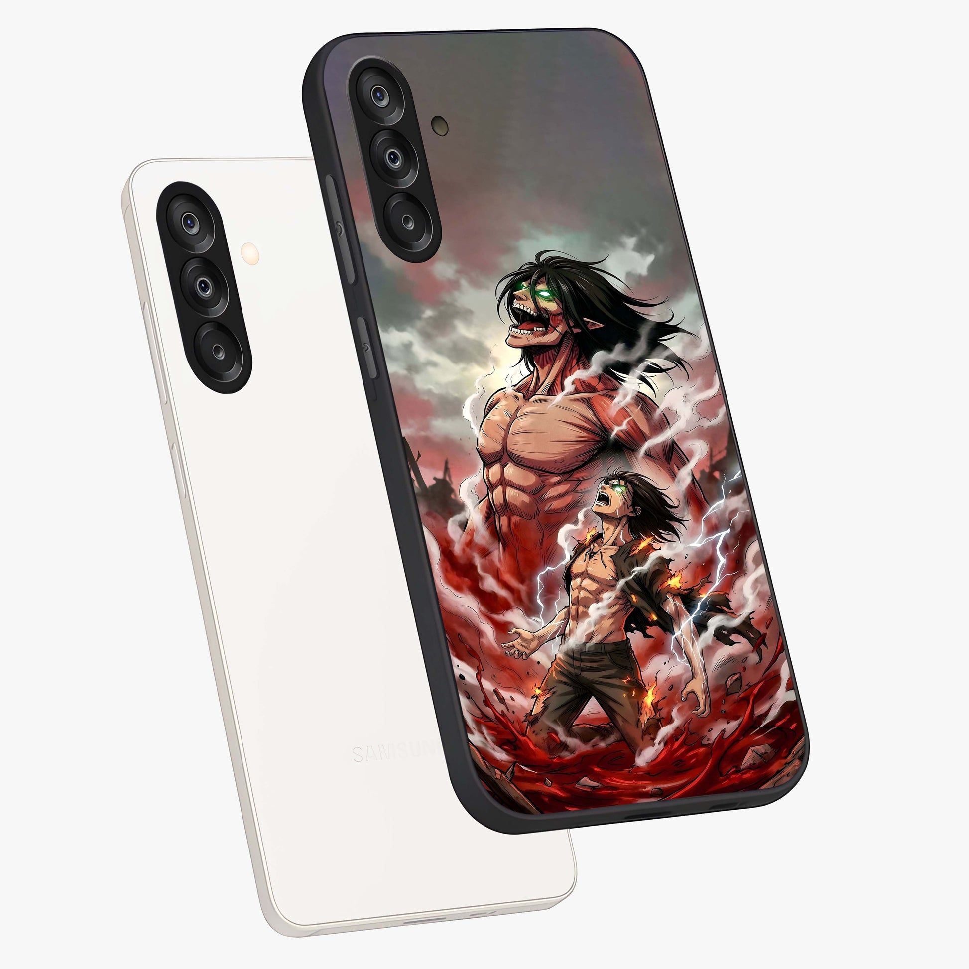 Titan Awakening Fury Glass Case displayed in angled mockup highlighting dramatic giant warrior design with bold anime aesthetic.