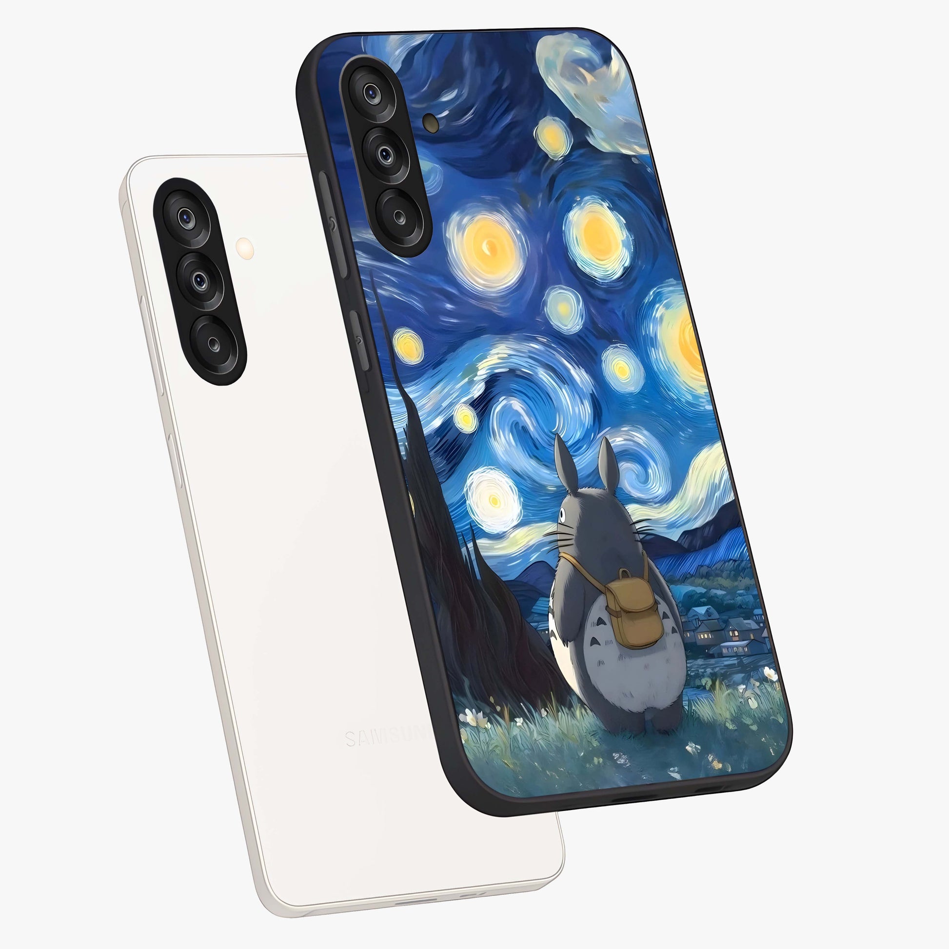 Totoro In Van Gogh Art Glass Case displayed in angled mockup highlighting artistic swirling sky design with playful animation aesthetic.
