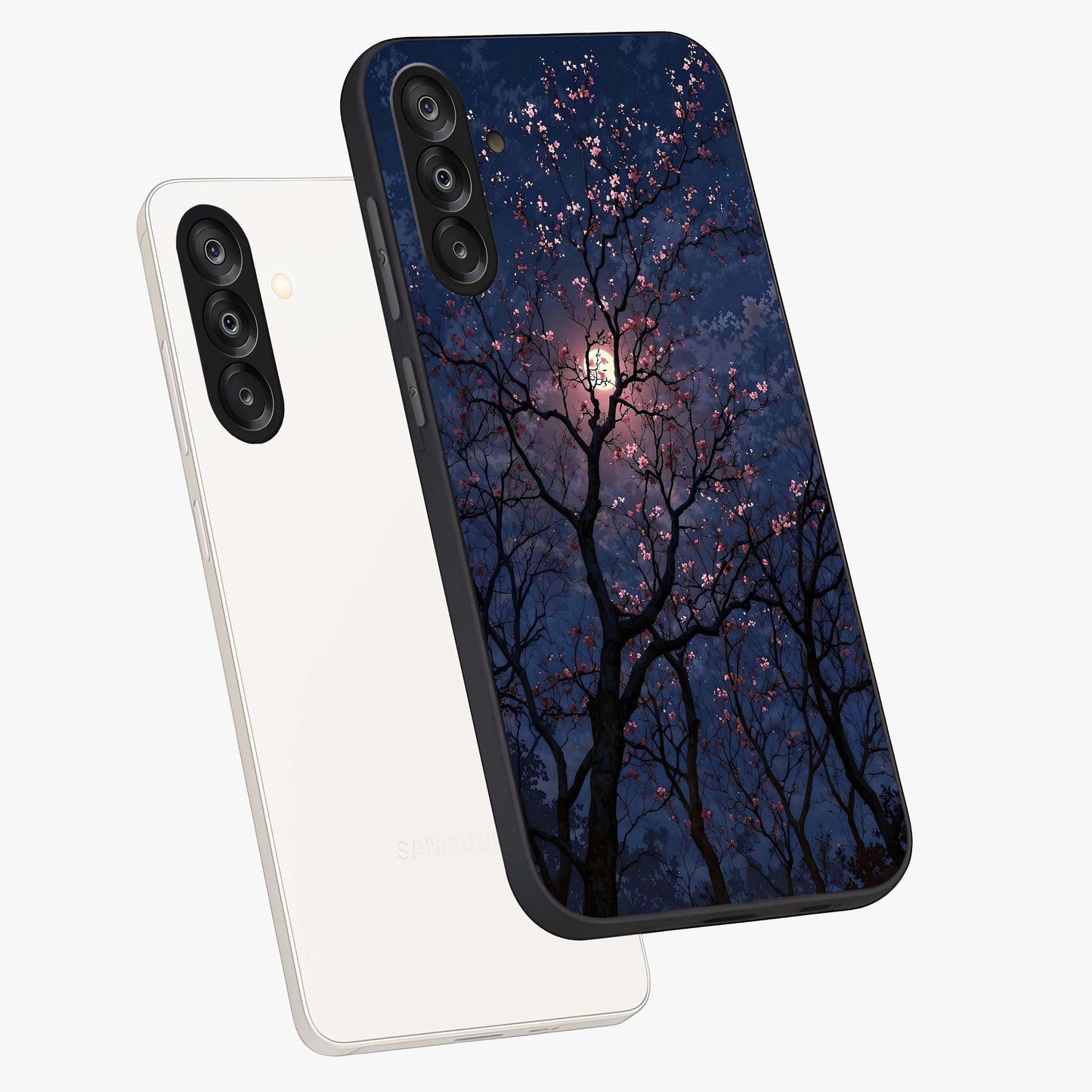 Twilight Sakura Serenade Glass Case displayed in angled mockup highlighting delicate sakura flower design with dreamy aesthetic.