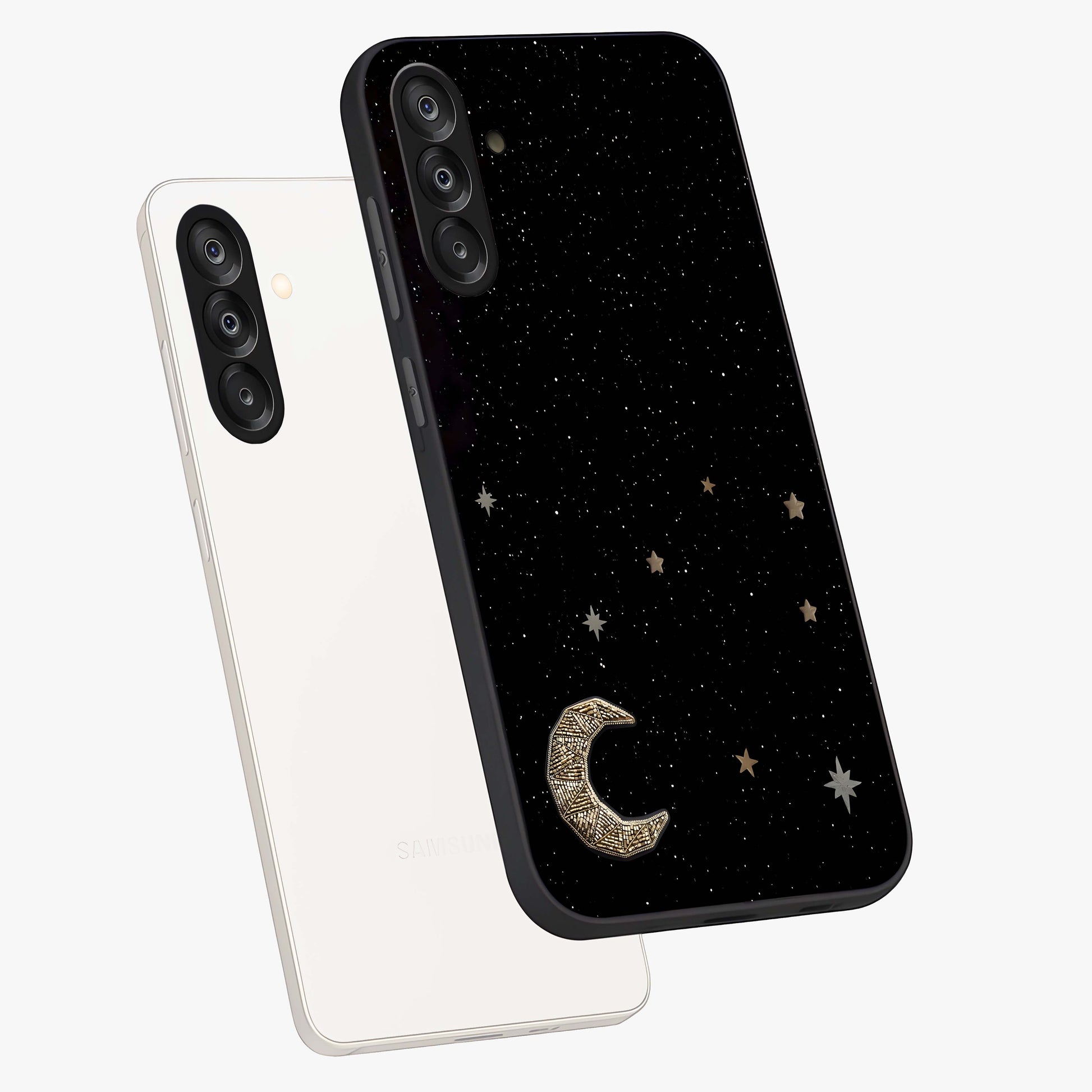 Twinkle Star With Half Moon Glass Case displayed in angled mockup highlighting celestial moon and star design with magical aesthetic.
