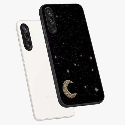 Twinkle Star With Half Moon Glass Case displayed in angled mockup highlighting celestial moon and star design with magical aesthetic.