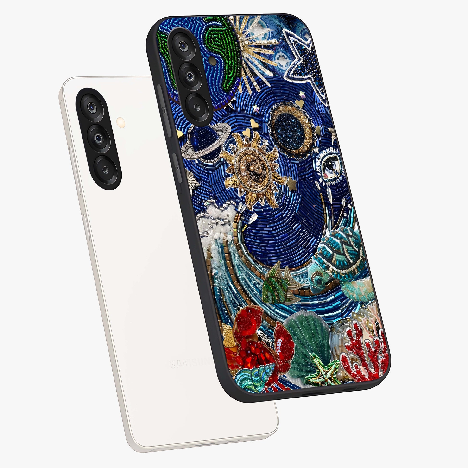 Universe Underwater Spark Glass Case displayed in angled mockup highlighting glowing aquatic design with celestial aesthetic.