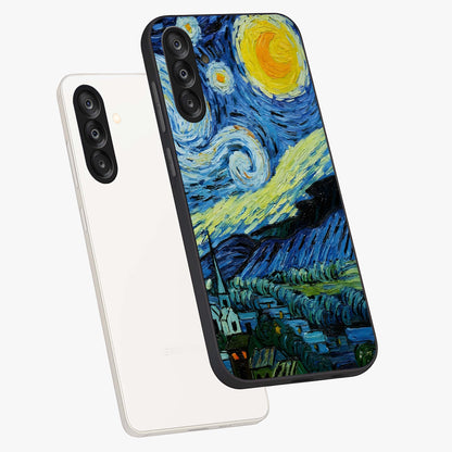 Van Gogh Art Glass Case displayed in angled mockup highlighting swirling brushstroke design with artistic aesthetic.