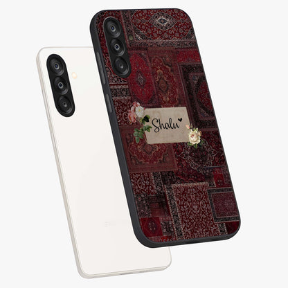 Velvet Wine Pattern Custom Name Glass Case displayed in angled mockup highlighting decorative velvet inspired design with custom name feature.