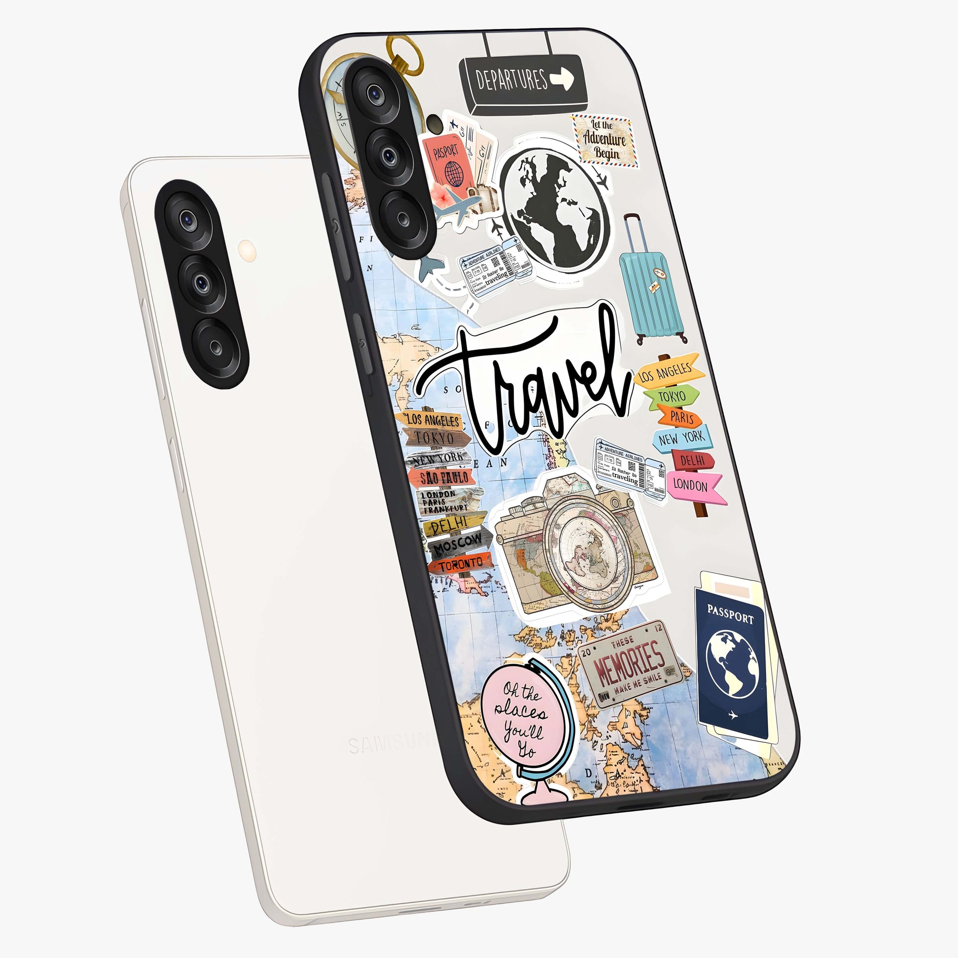 Wanderlust Journal Glass Case displayed in angled mockup highlighting adventure themed design with aesthetic travel vibe.