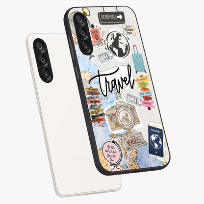 Wanderlust Journal Glass Case displayed in angled mockup highlighting adventure themed design with aesthetic travel vibe.