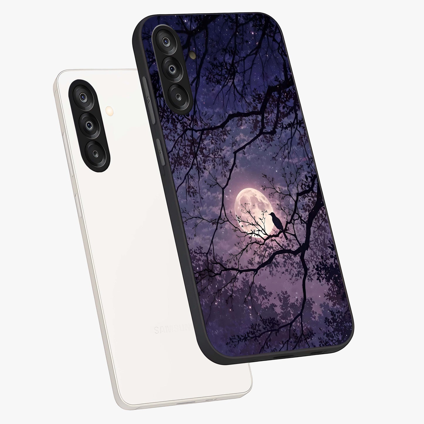Whispering Moon Silence Glass Case displayed in angled mockup highlighting calm lunar design with dreamy night aesthetic.