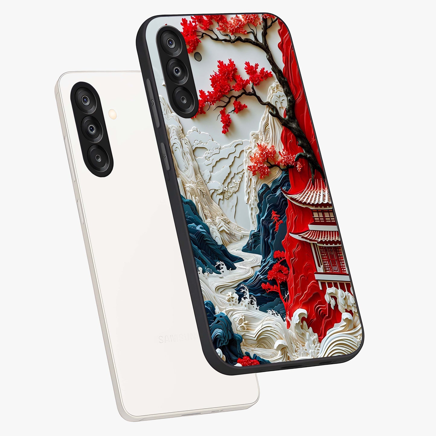 Whispers Of Sakura Waves Glass Case displayed in angled mockup highlighting flowing sakura design with soft floral aesthetic.