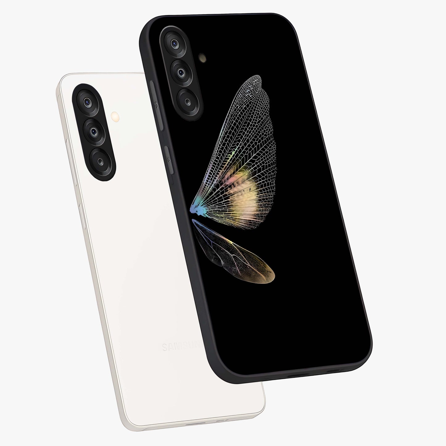 Whispers Of Wings Glass Case displayed in angled mockup highlighting soft feather design with celestial aesthetic style.