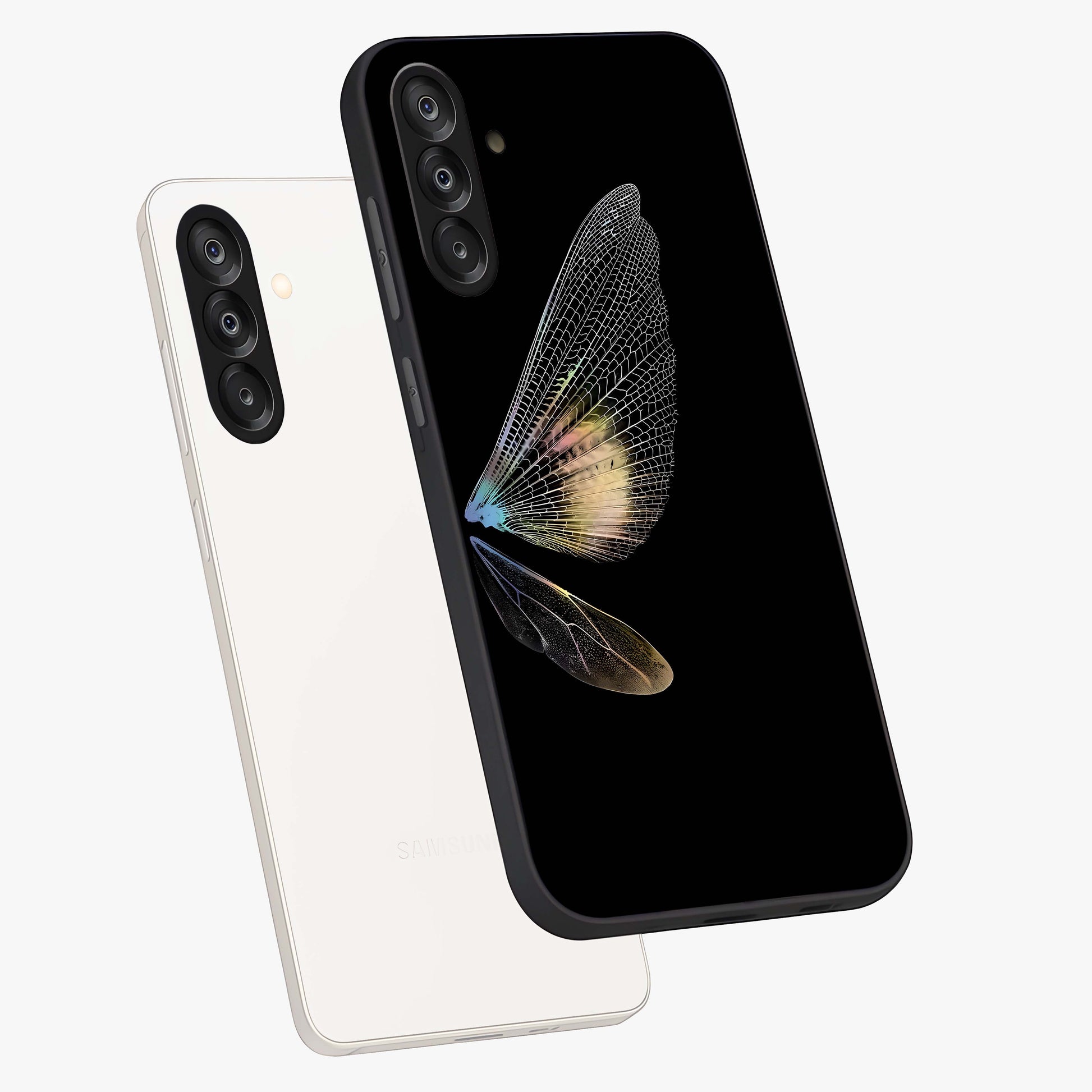 Whispers Of Wings Glass Case displayed in angled mockup highlighting soft feather design with celestial aesthetic style.