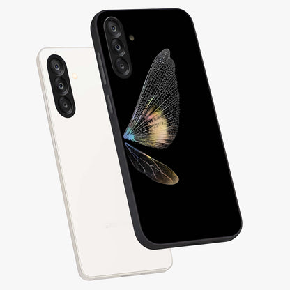 Whispers Of Wings Glass Case displayed in angled mockup highlighting soft feather design with celestial aesthetic style.