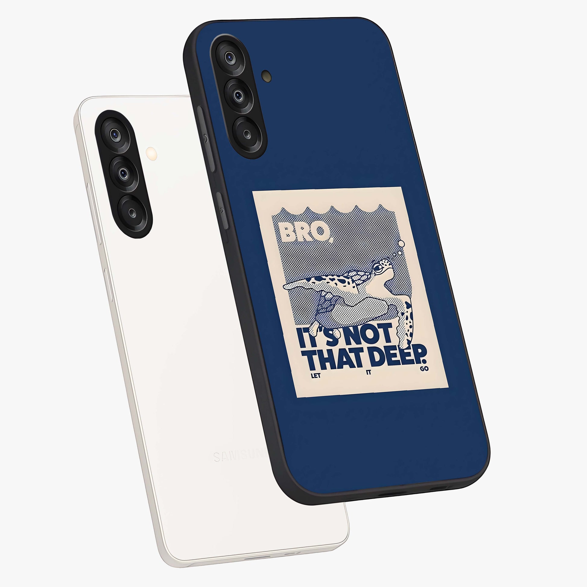 Worry Less Swim Glass Case displayed in angled mockup highlighting fun typography design with relaxed aesthetic style.