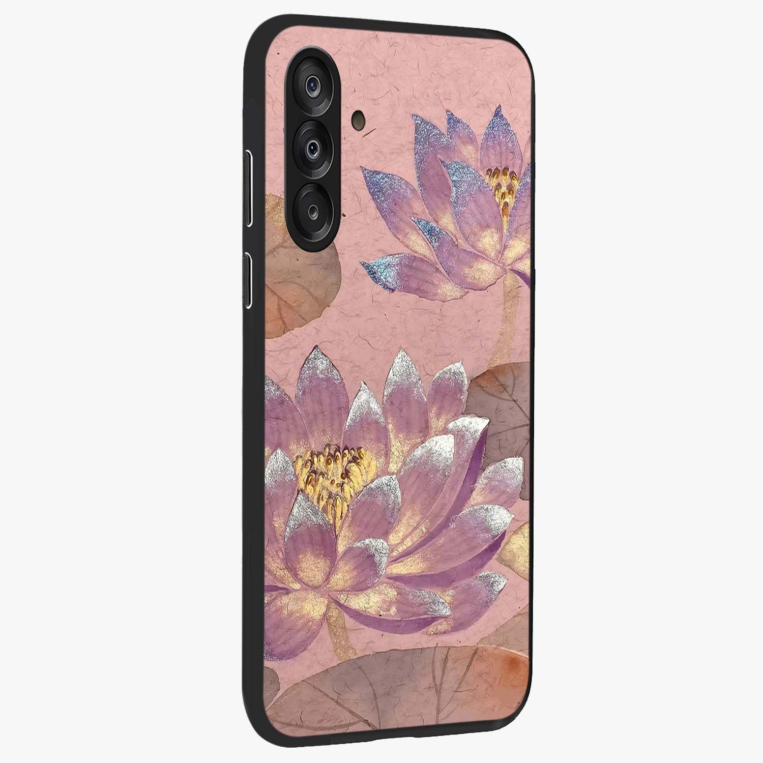 Blossom Mist Lotus Glass Case upright view showcasing graceful lotus flower design with peaceful botanical style.