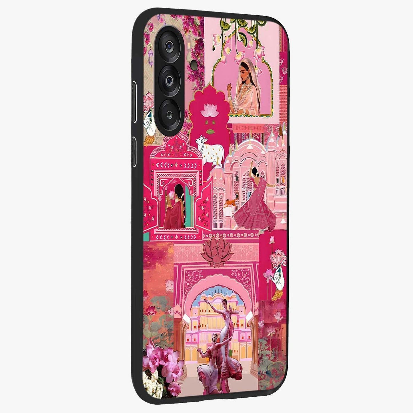 Blossoms of Rajasthan Glass Case upright view showcasing colorful floral design inspired by traditional Indian art.