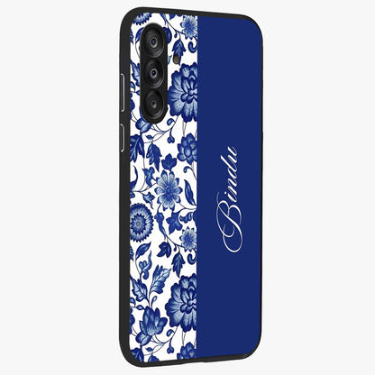 Blue Vintage Floral Pattern Glass Case upright view showcasing delicate blush floral texture with modern minimal style.