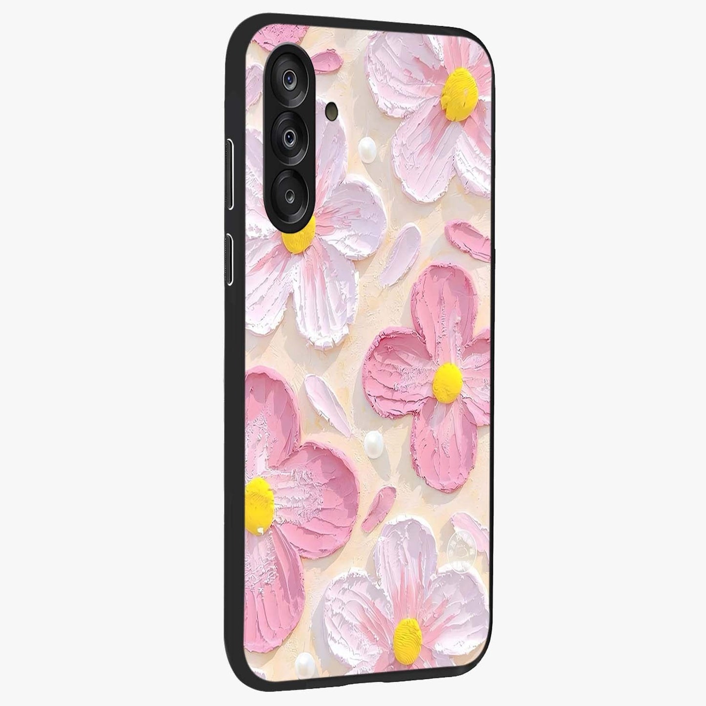 Blush Bloom Texture Glass Case upright view showcasing delicate blush floral texture with modern minimal style.