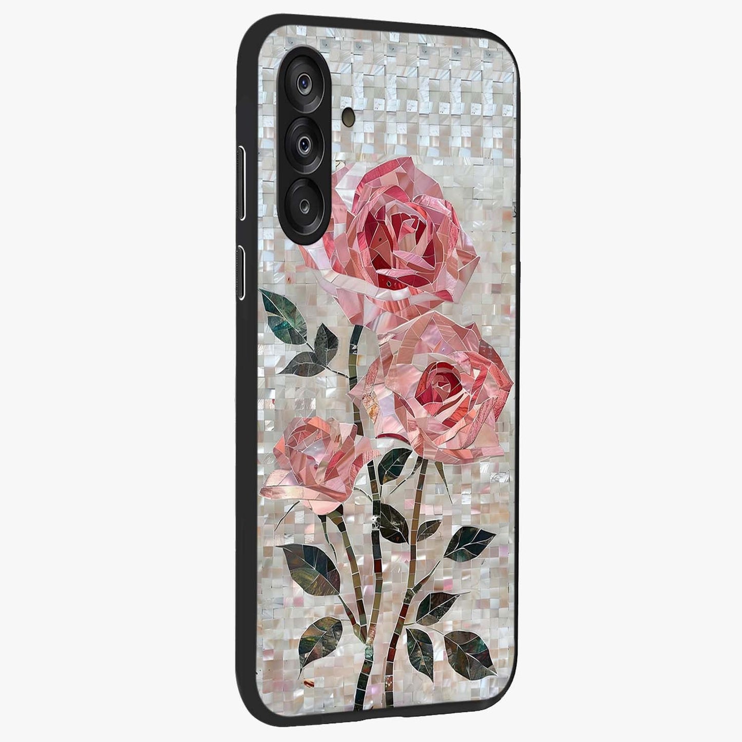Blush Mosaic Bloom Glass Case upright view showcasing decorative floral mosaic artwork with stylish modern aesthetic.
