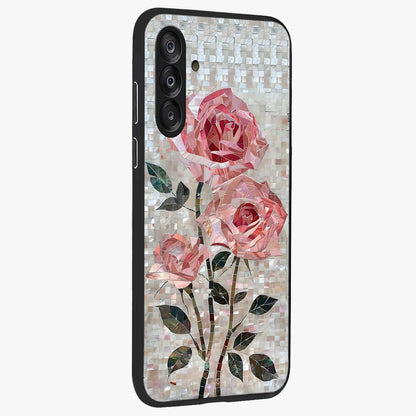 Blush Mosaic Bloom Glass Case upright view showcasing decorative floral mosaic artwork with stylish modern aesthetic.