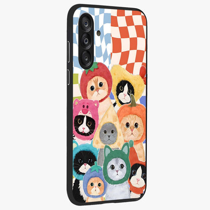 Cats in Fruits Glass Case upright view showcasing charming cat artwork with fun fruity theme.