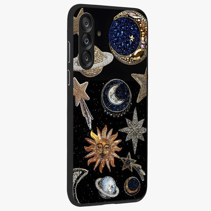 Celestial Gem Constellations Glass Case upright view showcasing cosmic constellation artwork with celestial aesthetic style.