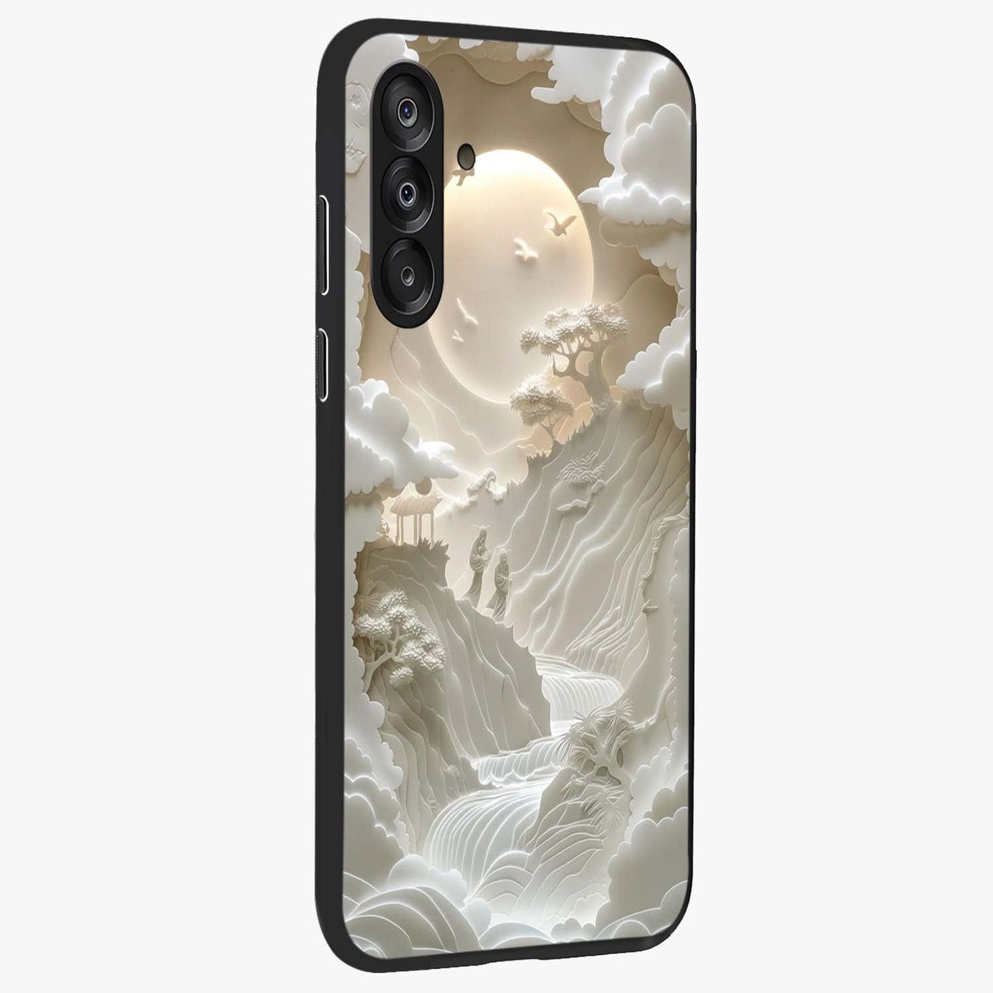Celestial Origami Glass Case upright view showcasing creative origami artwork with modern celestial style.