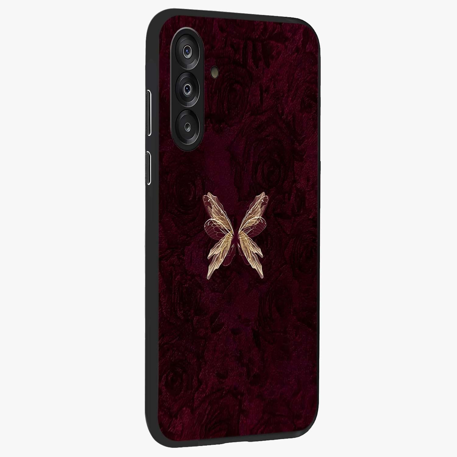 Crimson Fade Butterfly Glass Case upright view showcasing graceful butterfly artwork with soft crimson fade effect.