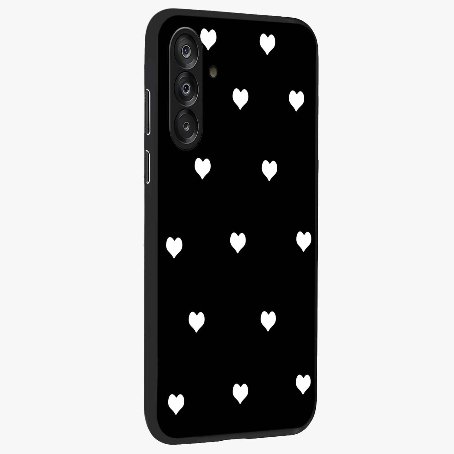 Cute And Simple White Hearts Glass Case upright view showcasing simple white hearts artwork with soft minimal theme.